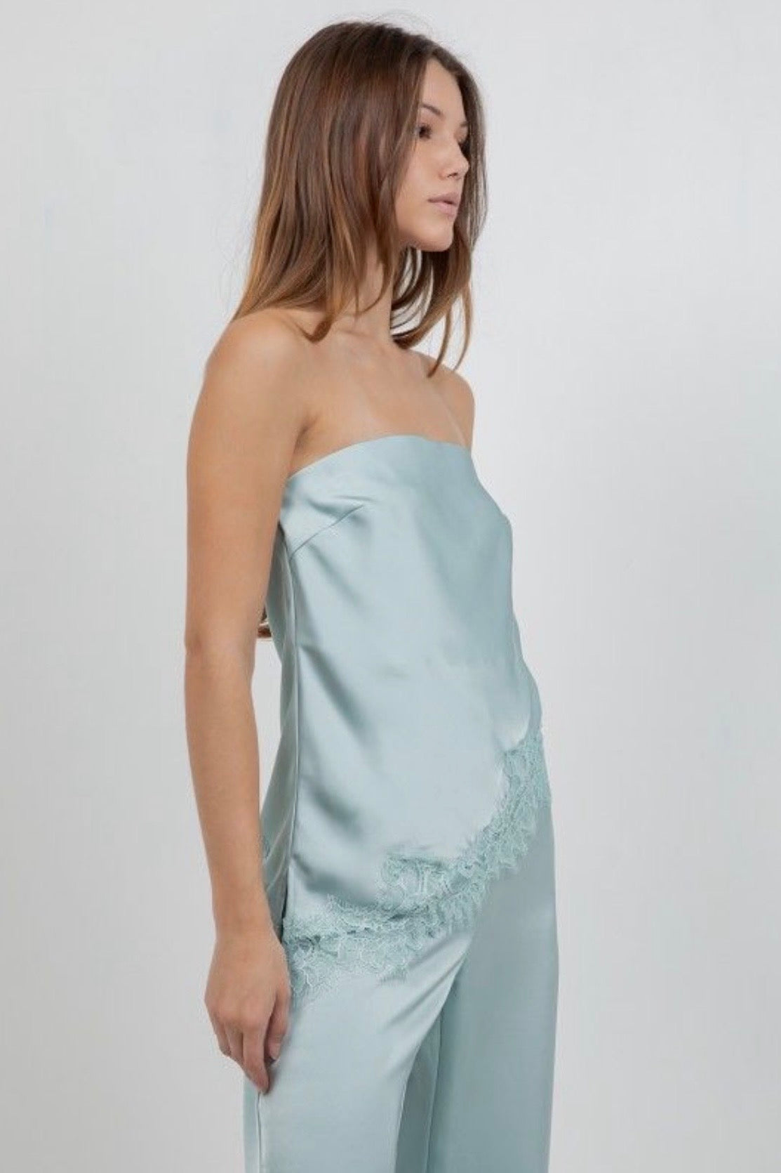 Strapless Lace Sky Blue Trim Pant Set