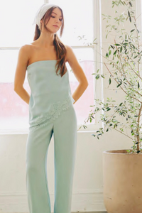Strapless Lace Sky Blue Trim Pant Set