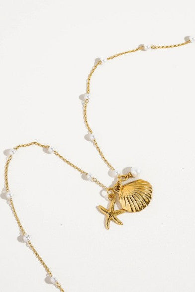 Capella 18K Fold Seashell Sea Star Pearl Necklace