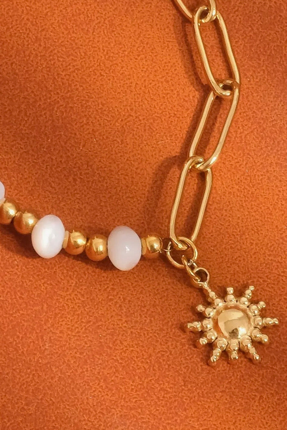 Sapin 18K Gold Non-Tarnish Sun and Pearl Chain Bracelet