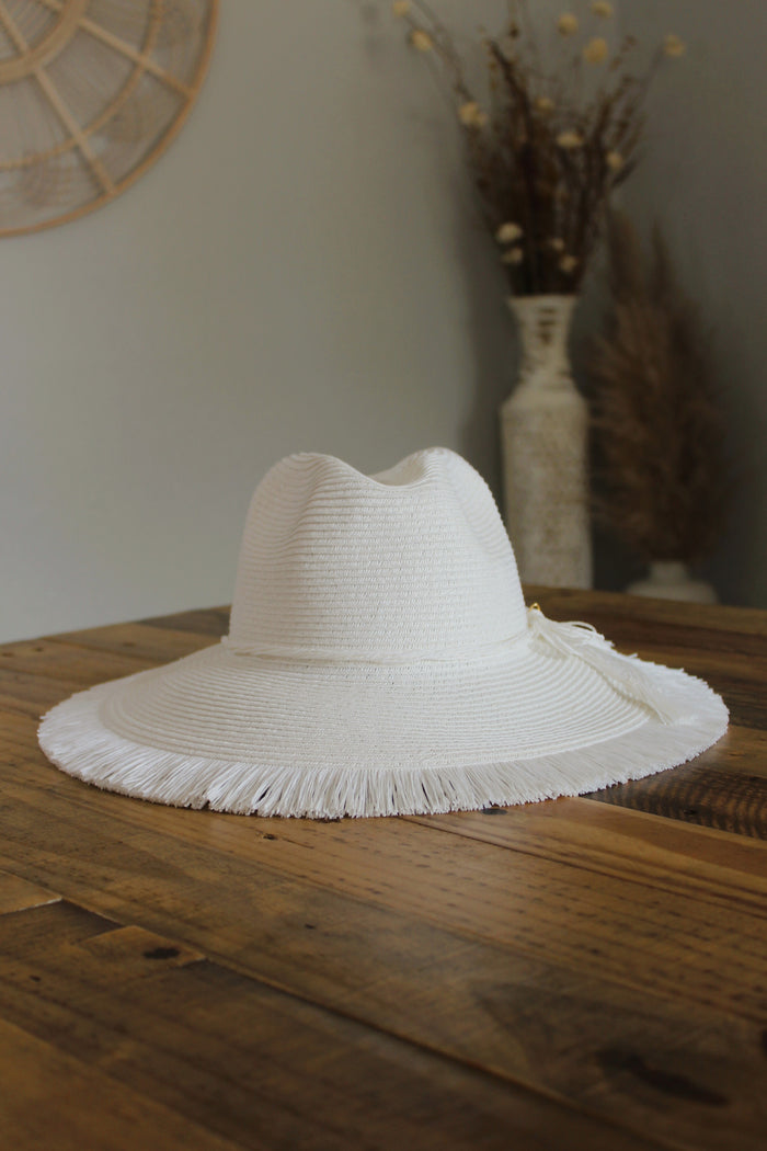 White Fringe Straw Hat