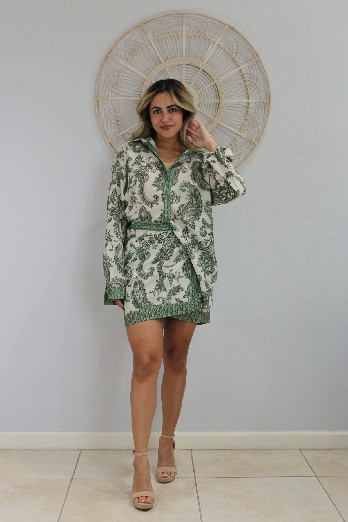 Green & Creme Skirt Set