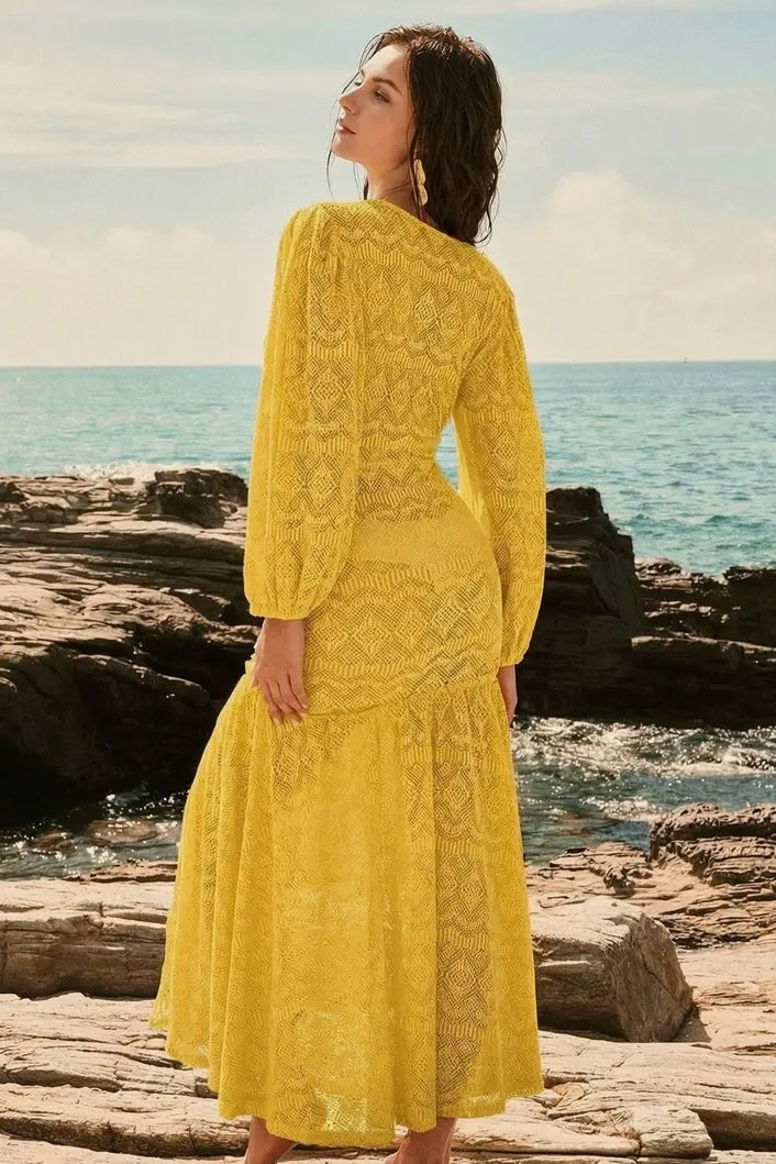 Sunshine Yellow Boho V-Neck Lace Slit Maxi Beach Dress