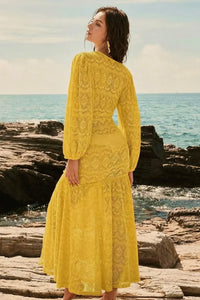 Sunshine Yellow Boho V-Neck Lace Slit Maxi Beach Dress