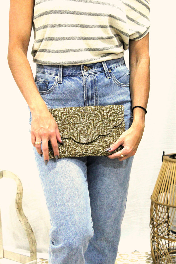 Champagne Beaded Evening Crossbody Clutch