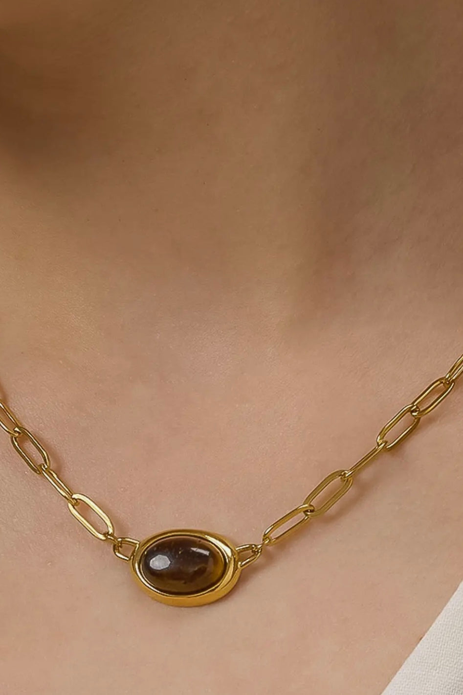 Shay 18K Fold Non-Tarnish Oval Cat Eye Stone Chain Necklace