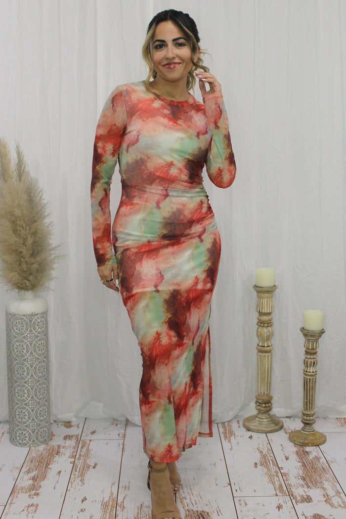 Earth Tone Tie Dye Split Maxi Dress