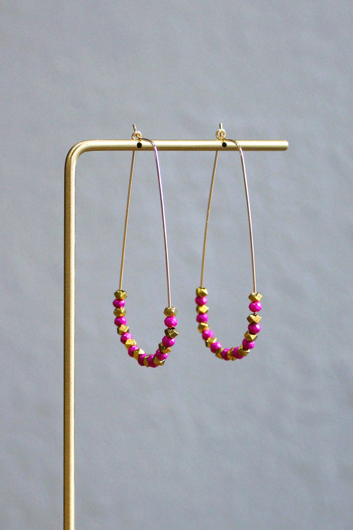 Fushia & Gold Bead Teardrop Hoops