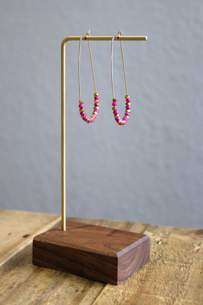 Fushia & Gold Bead Teardrop Hoops