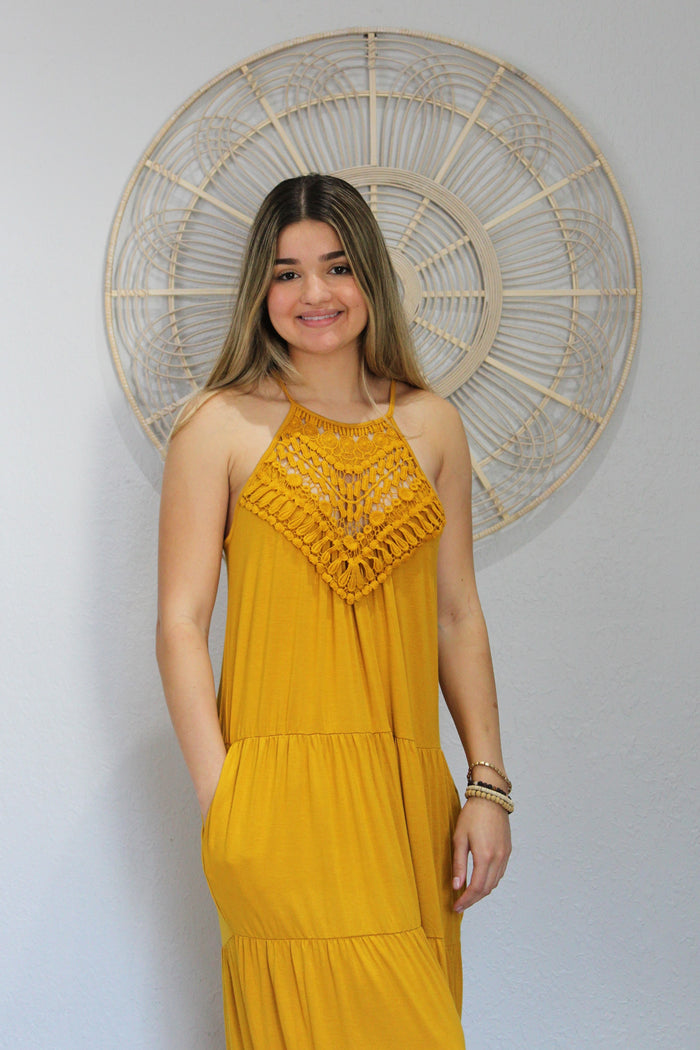 Mustard Boho Tiered Maxi Dress