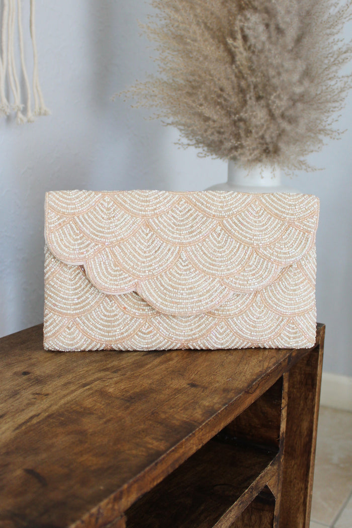 Nude Beaded Evening Crossbody Clutch