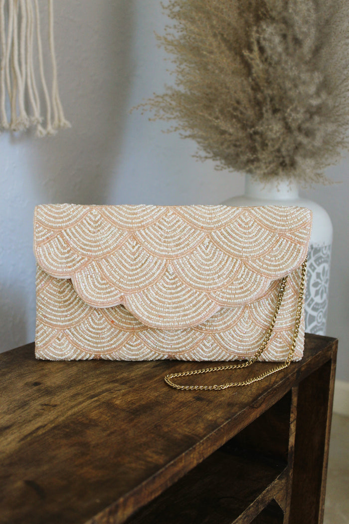 Nude Beaded Evening Crossbody Clutch