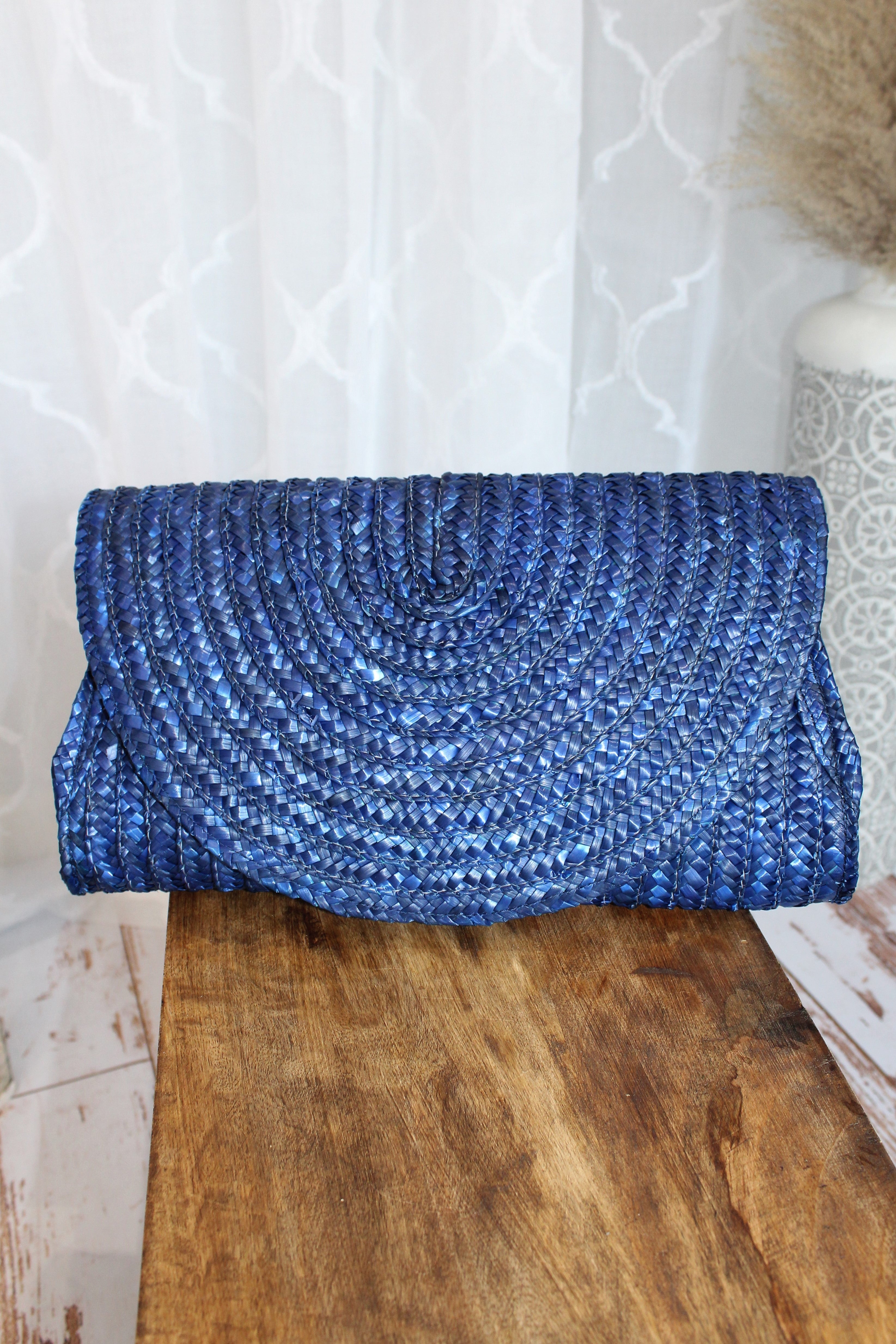 Navy straw clearance clutch bag