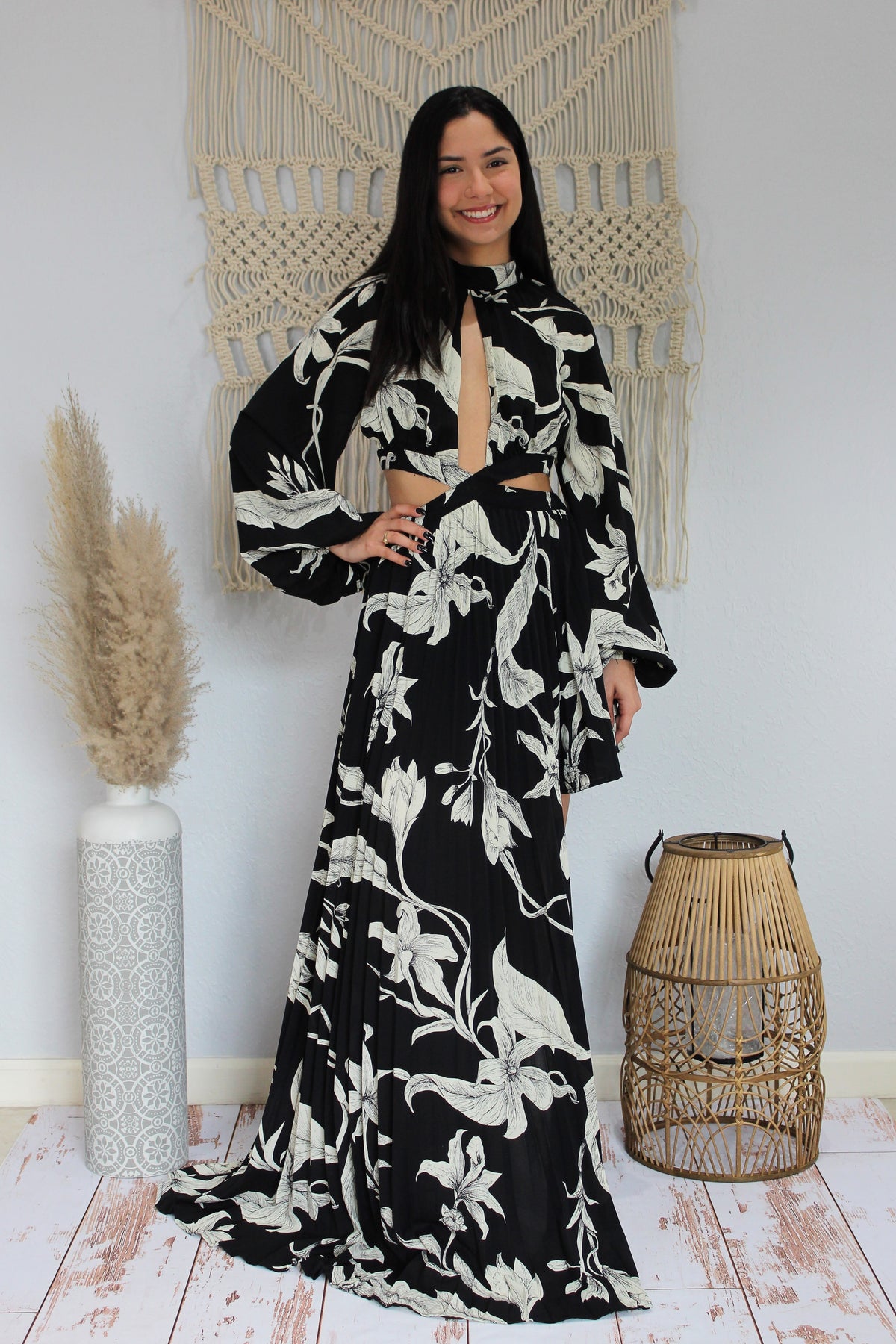 Black Long Sleeve Orchid Dress